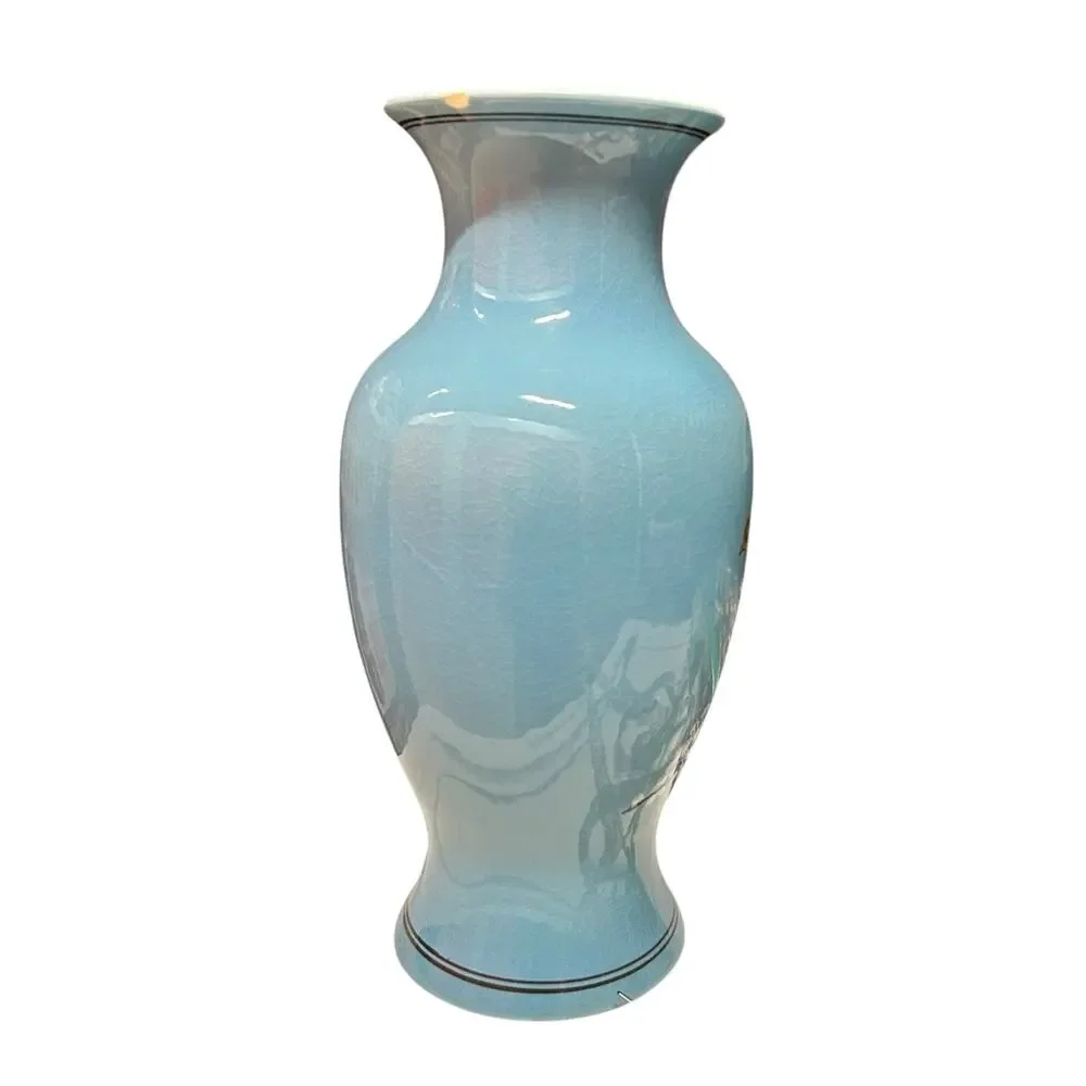 Vintage Light Blue Crackle Glaze Ceramic Vase –  Bird & Cherry Blossom 11.5” - Picture 2 of 5